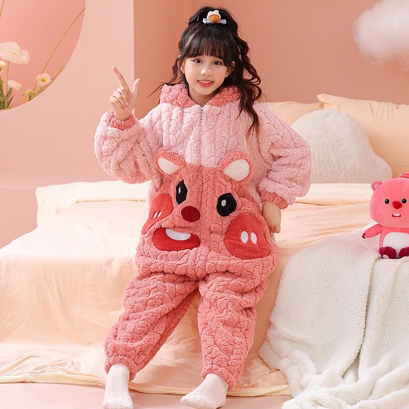Girls Warm Coral Fleece Pajama Set With Feet Winter Sleepwear Toddlers 3-8 Years Soft Cozy One-Piece Sleepsuit