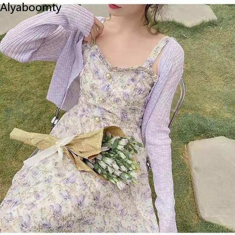 Summer Women Elegant Sweet Midi Sundress Pink Purple Beige Floral Hollow Out Delicate Sleeveless Dress Embroidery Feminine Dress