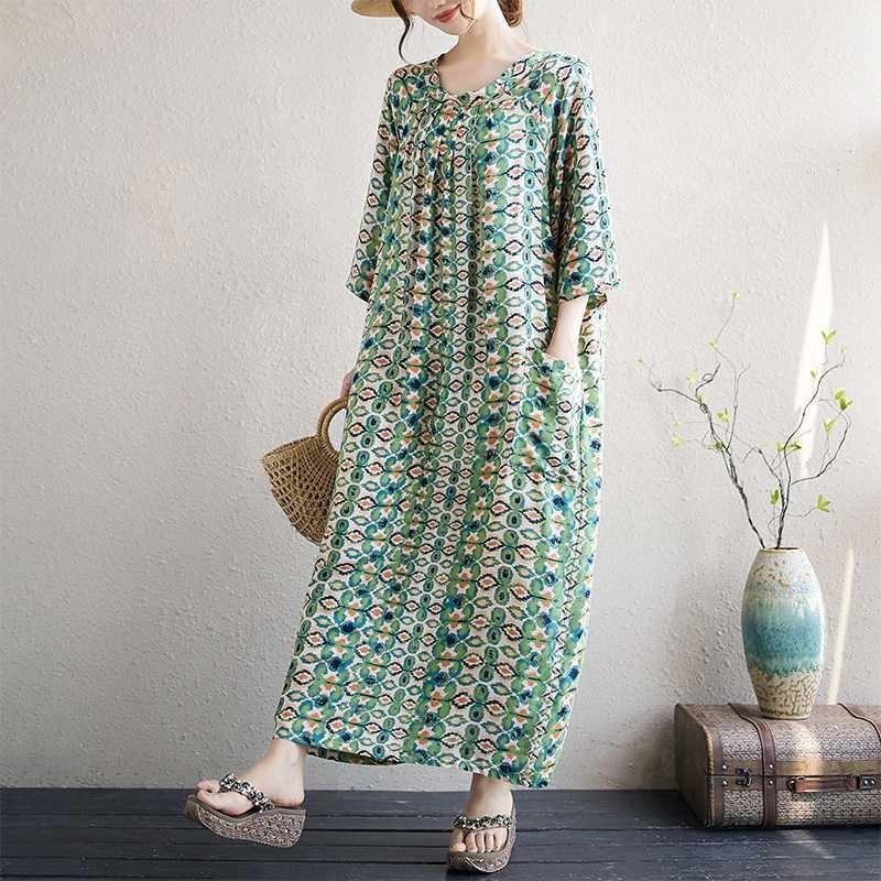 Literary Large Size Printing Women Loose Ethnic Style Dresses