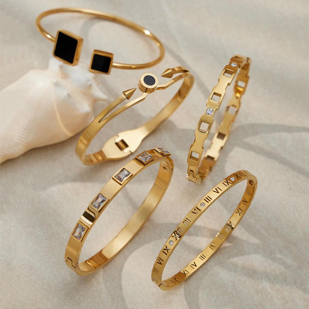 18K Gold Plated Stainless Steel & Zirconia Bracelet Set with Acrylic Buckle - Personalized Simple Jewelry