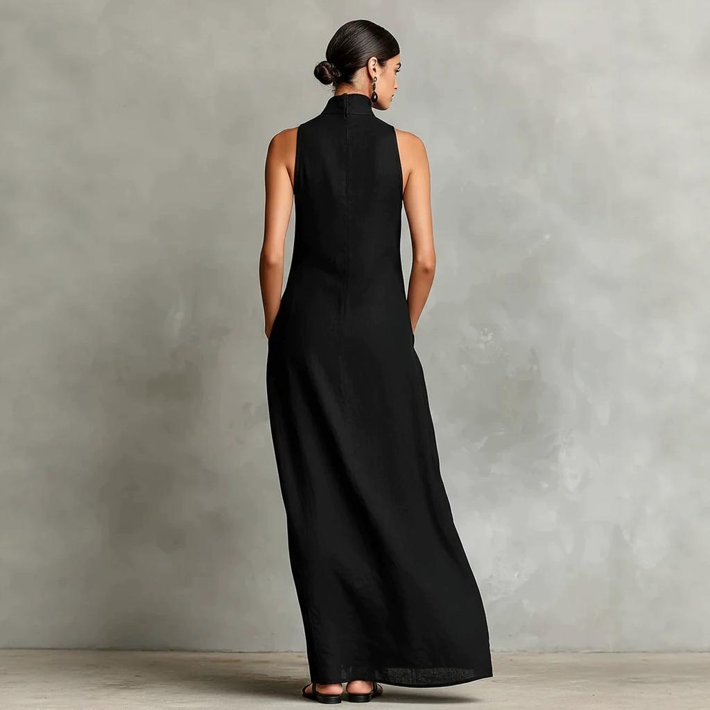 Women's Stand Collar Sleeveless Slim Fit Mid Waist European A-Line Maxi Dress
