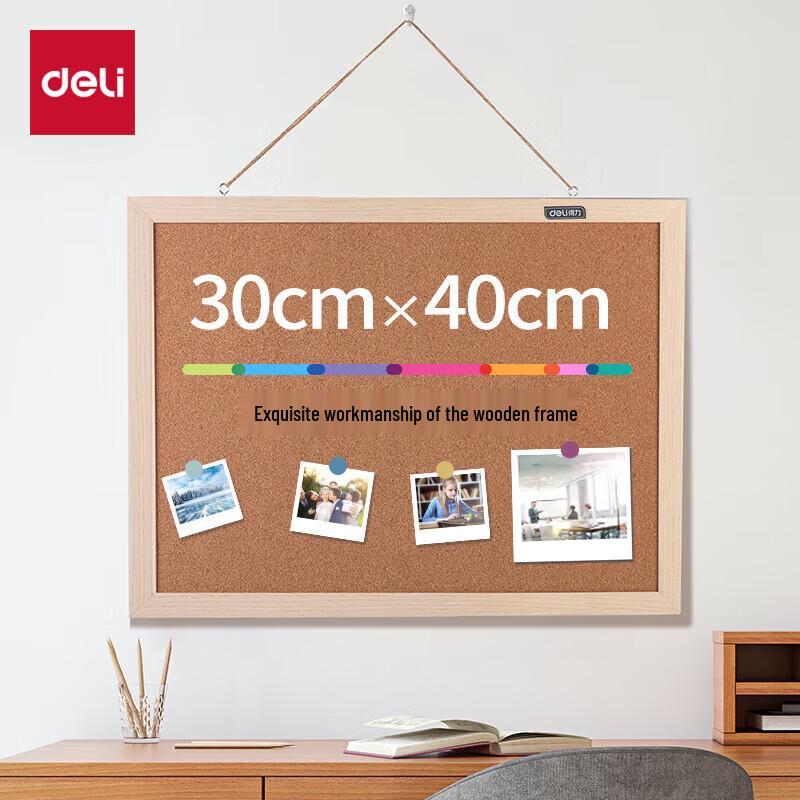 Deli 40x30cm Dual-Sided Wooden Frame Cork Message Board
