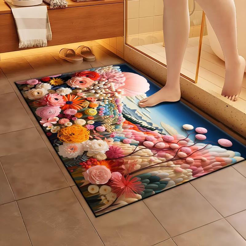 Home Floor Mat With 3D Pattern Non Slip Bath Shower Mat Water Absorbent Mat For Bathroom And Doorway Expandable Flower Rug