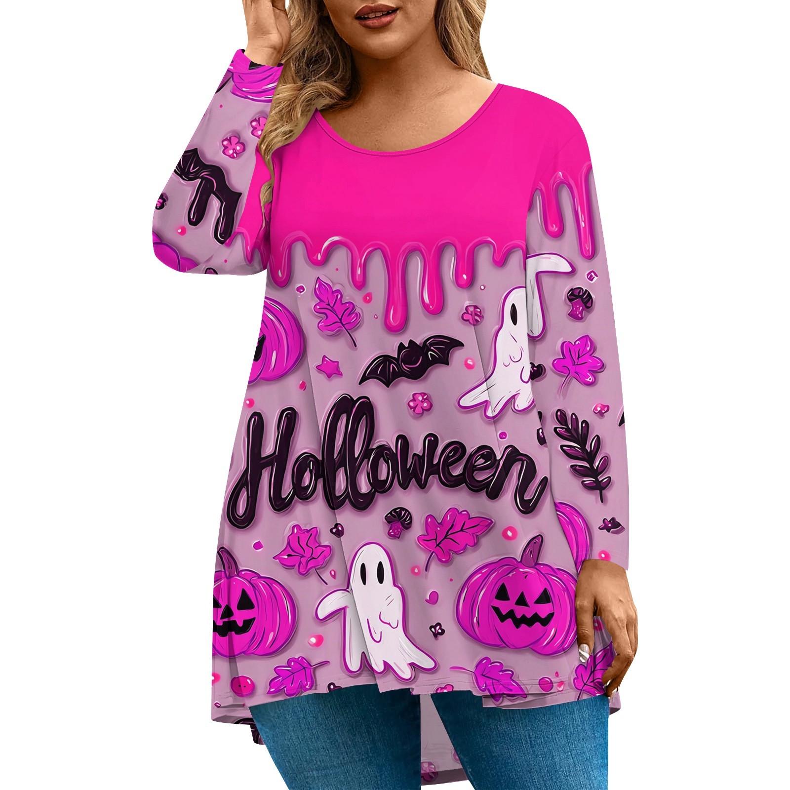 

Женская мода Большой размер Круглый вырез Длинный рукав Повседневный Пуловер Топ с принтом на Хэллоуин Свободного кроя XXL фиолетовый