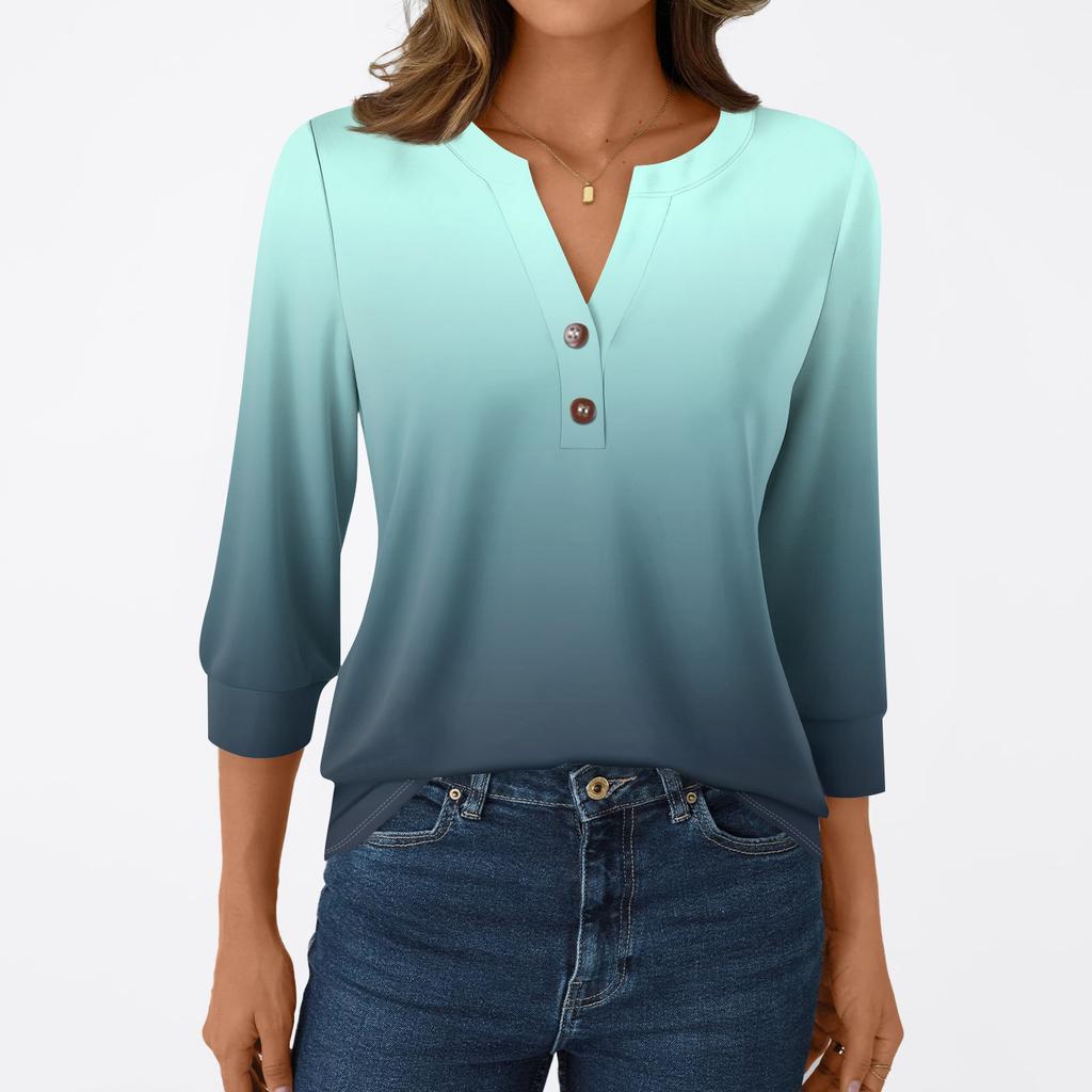 Women's Fashion Casual 3/4 Sleeve T-Shirt Prints V-Neck Button Top