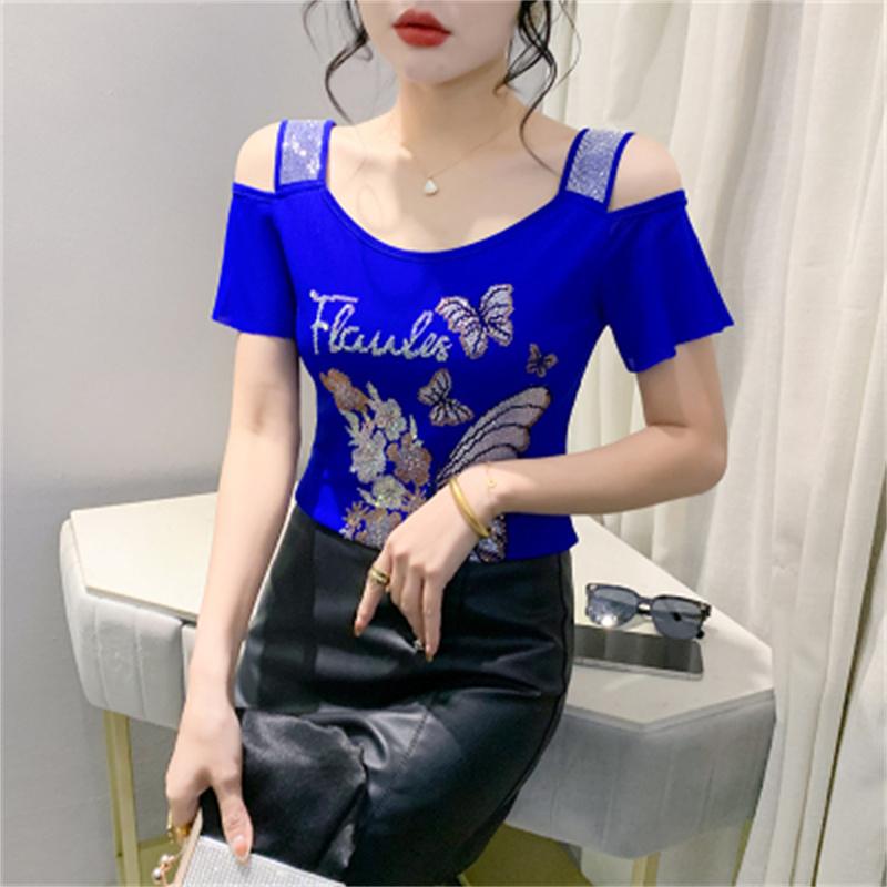 Fashion Women’s Mesh Bling Butterfly T-Shirt Clothes Sexy Off Shoulder Luxury Hot Diamonds Tops Summer Short Sleeve Female Tees Blouse