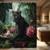1pc Majestic Black Leopard In Wicker Basket Shower Curtain - Tropical Plants & Pink Flowers Design, Polyester Fabric Bathroom