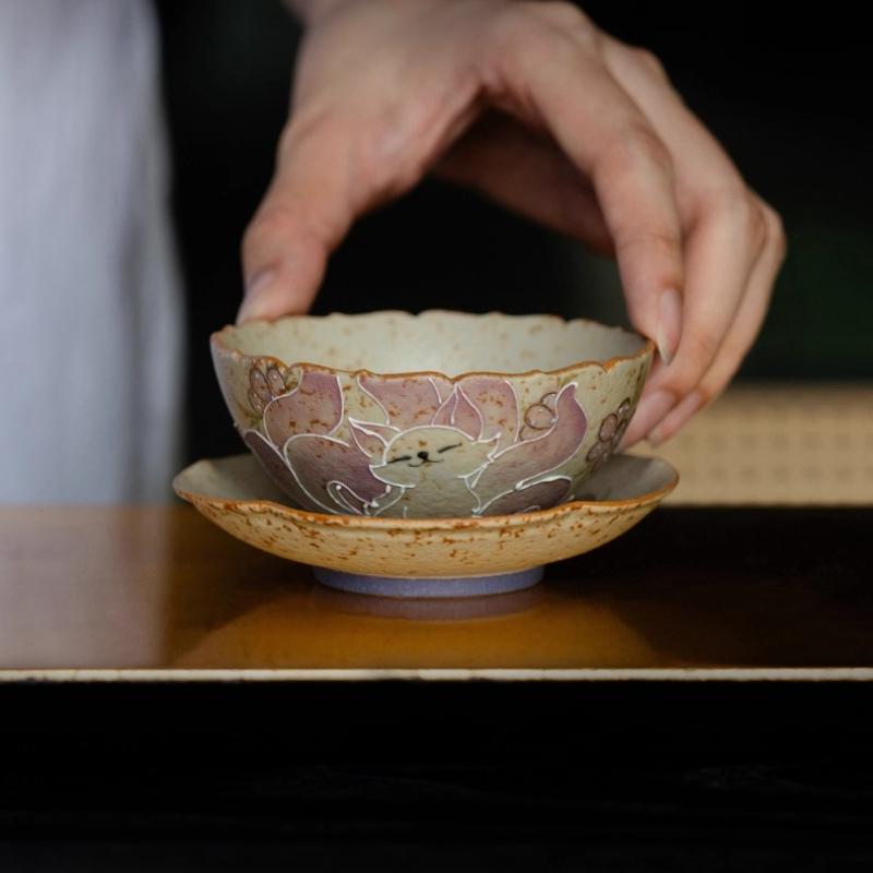 Ceramic teacup master cup  pure hand-painted nine-tailed fairy fox flower sequence cup with coaster Chinese tea set