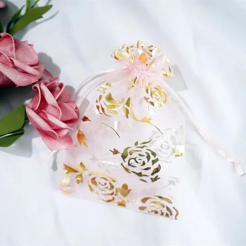 50piece Gold Stamp Rose Pattern Gauze Bag Colorful Pull Rope Self Sealing Storage Bags Candy Gift Accessory Package Jewelry Pouc