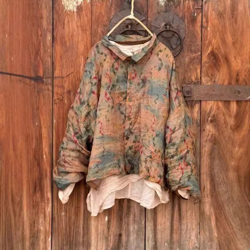 

Johnature Женские винтажные рубашки с цветочным принтом, топы на пуговицах, осенние, в китайском стиле, с отложным воротником, женские блузки One Size