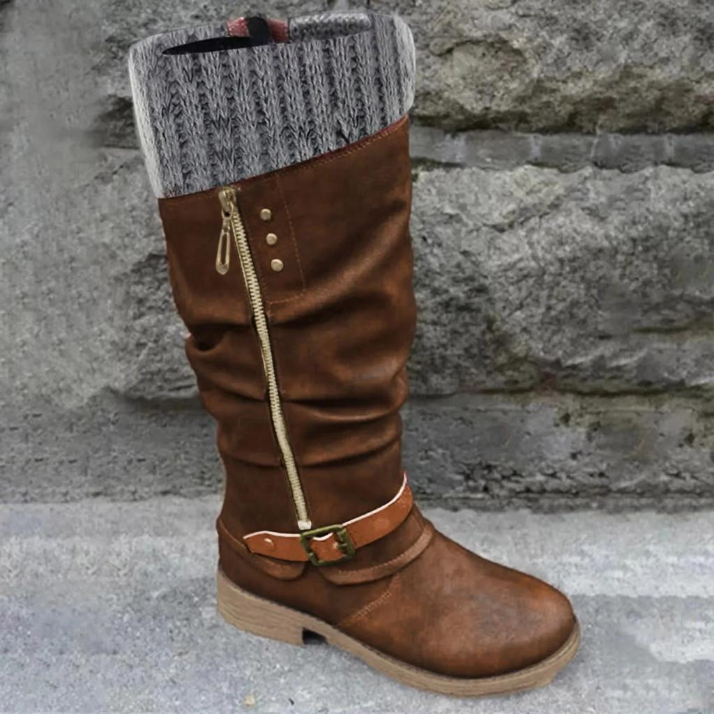 Vintage Women Boots Round Toe Casual Knee High Boots Autumn Winter Fashion Warm Ladies Shoes Solid High Quality