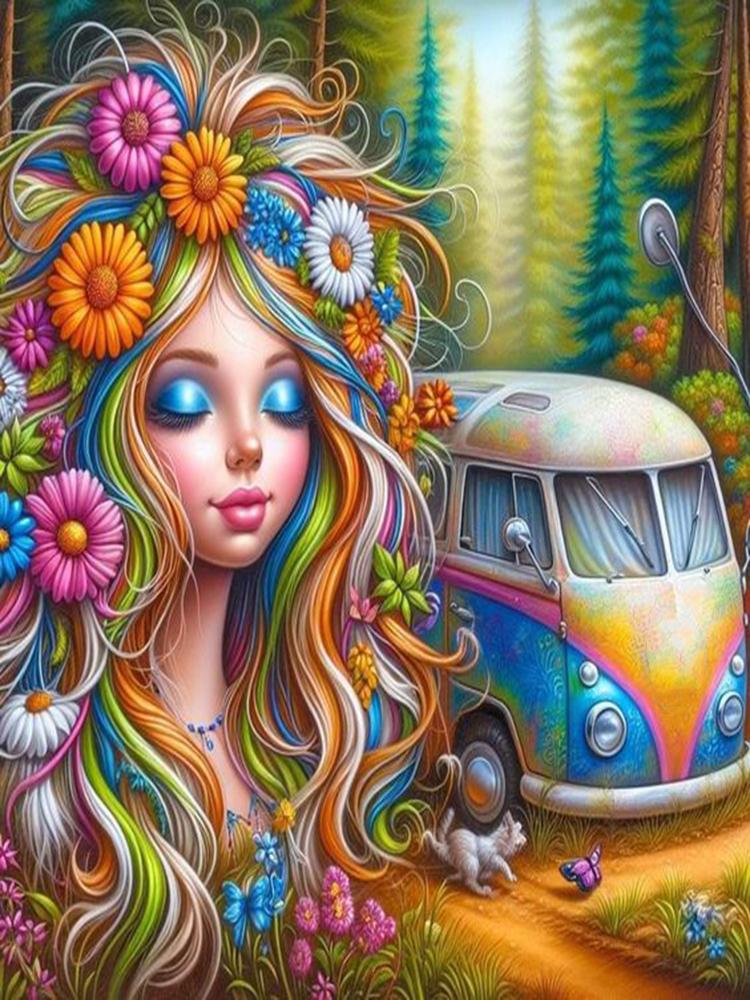 DIY Diamond Painting Kit Cute Little Girl VW Bus Car Landscape Flowers Full Square&Round Diamond Mosaic Embroidery Cross Stitch