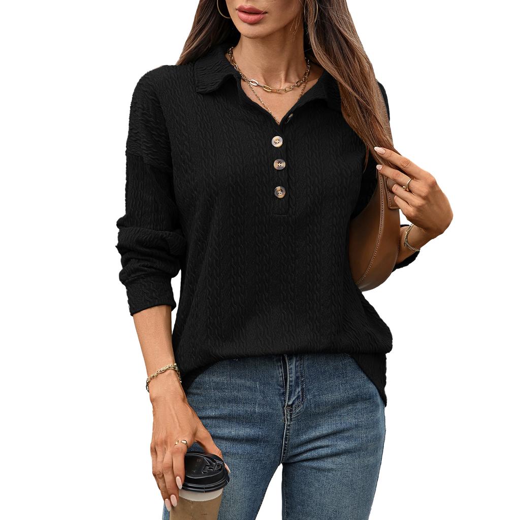 A New Solid-color Lapel Button Loose Long-sleeved Sweatshirt for Women In Autumn and Winter