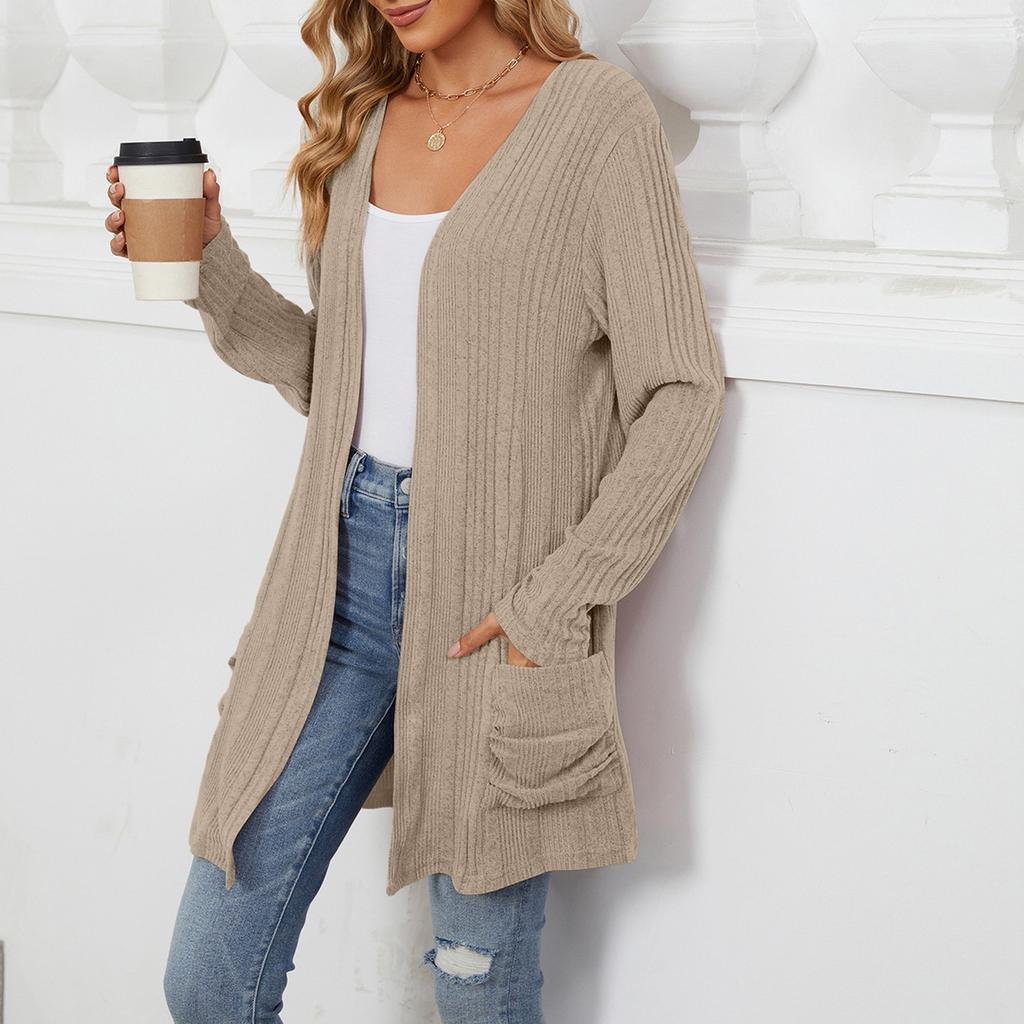 Women's Open Front Long Sleeve Knit Cardigan with Pockets Casual Loose Fit Lightweight Sweater Coat