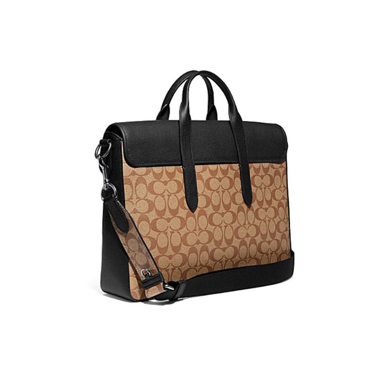 Coach Sullivan 39 Flap Large Capacity Classic Monogram Coated Canvas Pebble Leather Tote Crossbody Briefcase Men Bags Brown Black C9873-QBT4U
