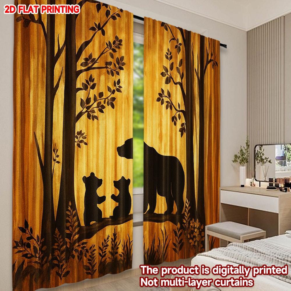 2D flat printing 2pcs Curtain Bear Family in Forest Digital Printed Polyester Drapes Family Party for All Occasions for Bedroom
