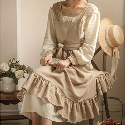 1pcs French Style Cotton Linen Apron Rustic Vintage Kitchen Baking Lace Trim Adjustable Ties Pockets Bohemian Design
