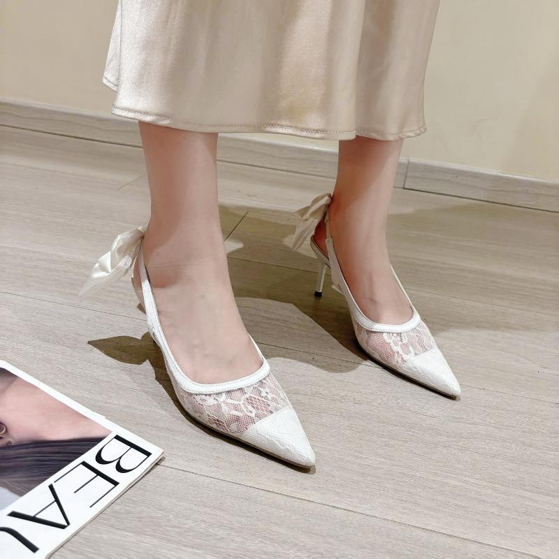 Fashion Temperament Pointed Toe Women Shoes Sexy Breathable Mesh Lace Back Butterfly-knot Thin High Heels Sandals