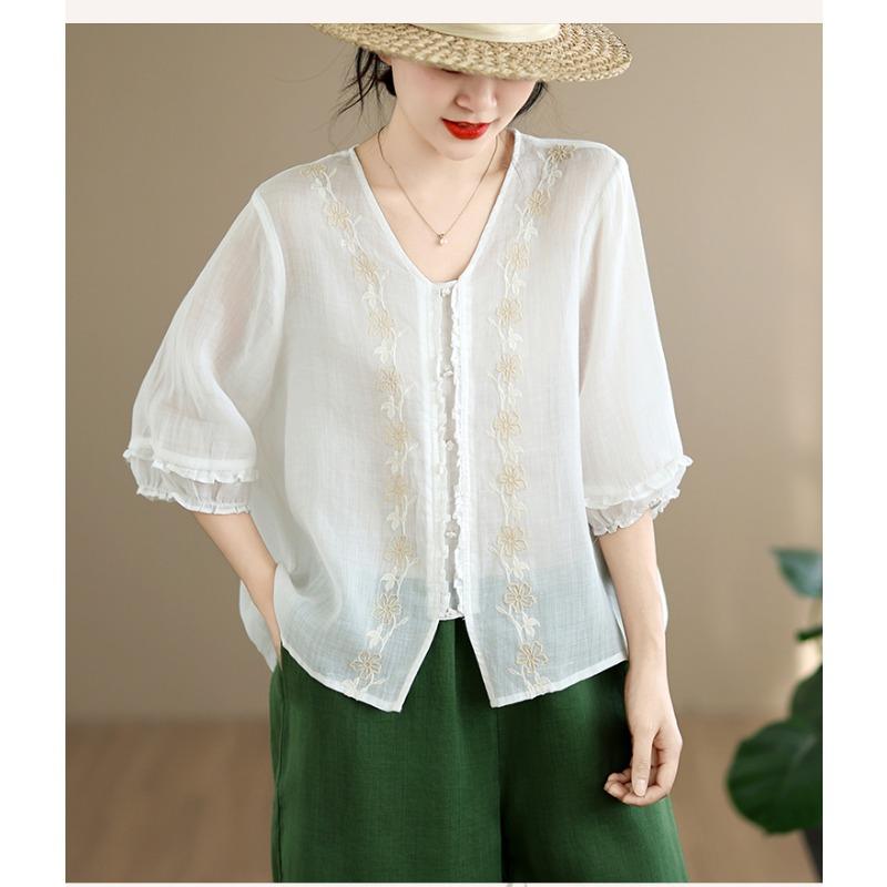 DIMANAF 2026 Summer New Plus Size Women Blouse Shirt Elegant Embroidery Floral Lady Tops T-Shirt Cotton Fashion Clothing