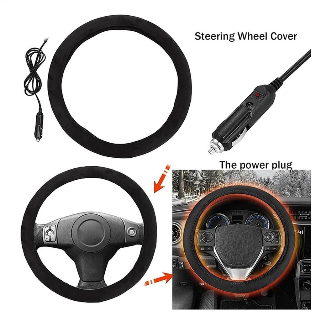 Winter Steering Wheel Cover 12V Plug-in Winter Heated Steering Wheel Protector for Road Trip Travel Daily Commute Adventure