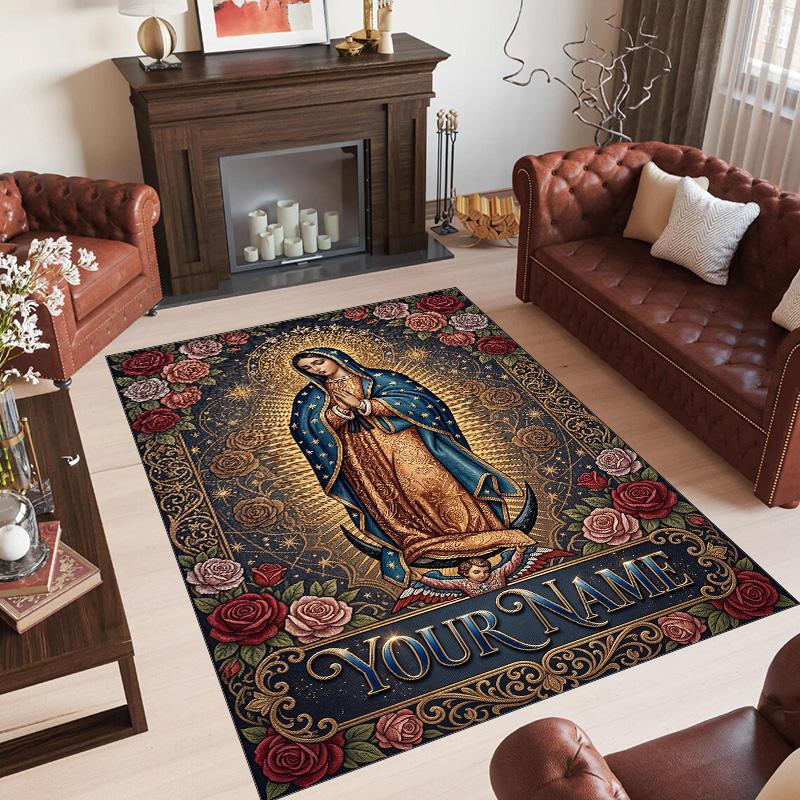 Virgin Mary Theme Crystal Velvet Rug Personalized Custom Name Text Soft Floor Mat Home Decor