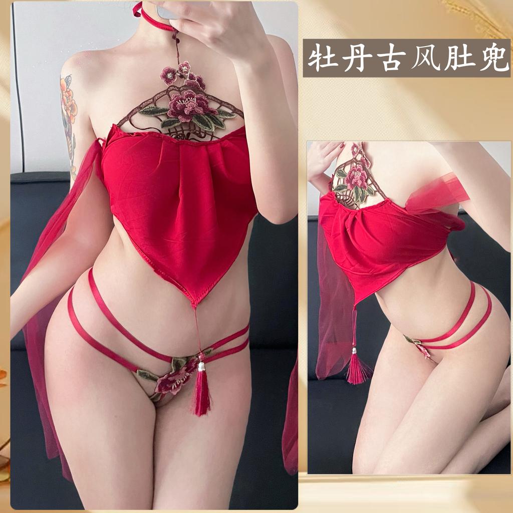 Fun Underwear Sexy Antique Peony Embroidery Neck Belly Pocket Strap Bandage Hollow Uniform Set