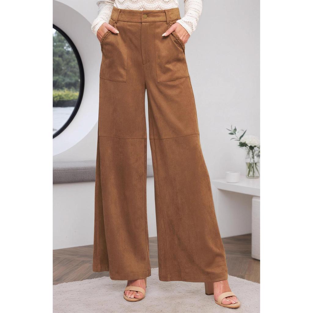 Women's High-Waisted Suede Casual Wide-Leg Pants with Double Pocket Design