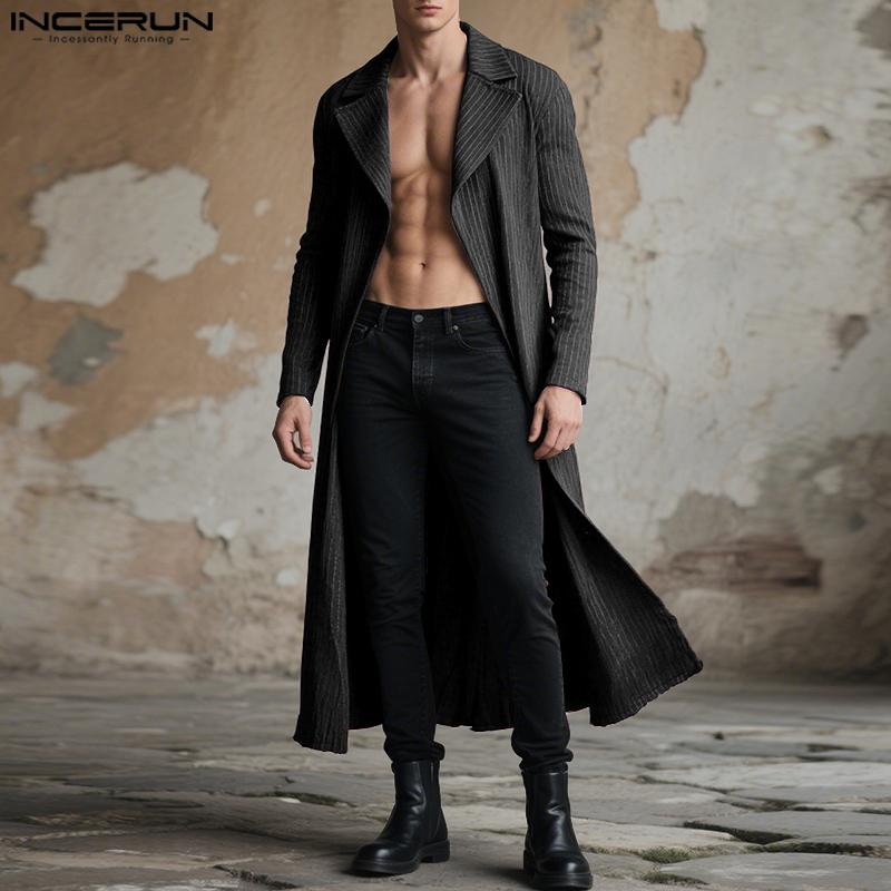INCERUN Autumn Men Long Sleeve Striped Open Front Long Cardigan Coats Windbreaker