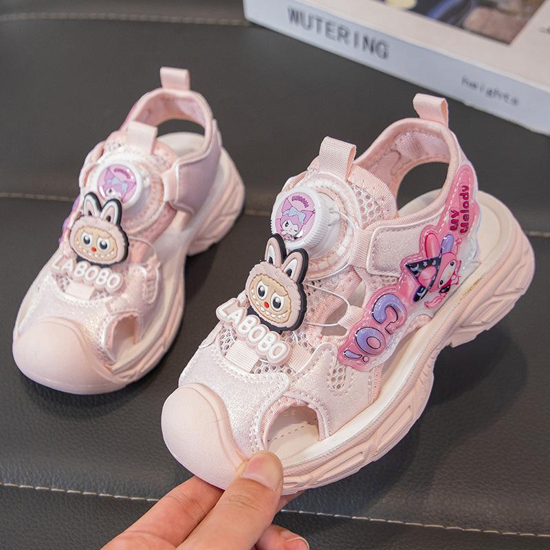 Summer Girls Closed Toe Beach Sandals Cartoon Soft Sole Fashion Button Shoes for Big Kids Cute Casual Footwear