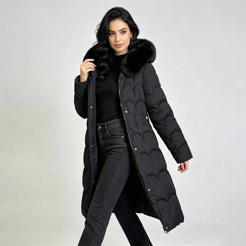New cotton-padded women's medium and long styles, thickened, slim, thin and warm, fashionable big fur collar cotton-padded women's clothes