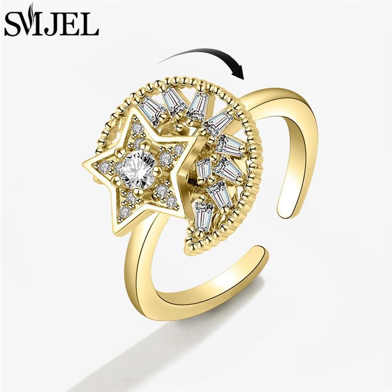 SMJEL Fidget Spinner Ring Anxiety for Women Crystal Demon Eyes Anti Stress Rings Flower Planet Sun Rotating Jewelry Wedding Gift
