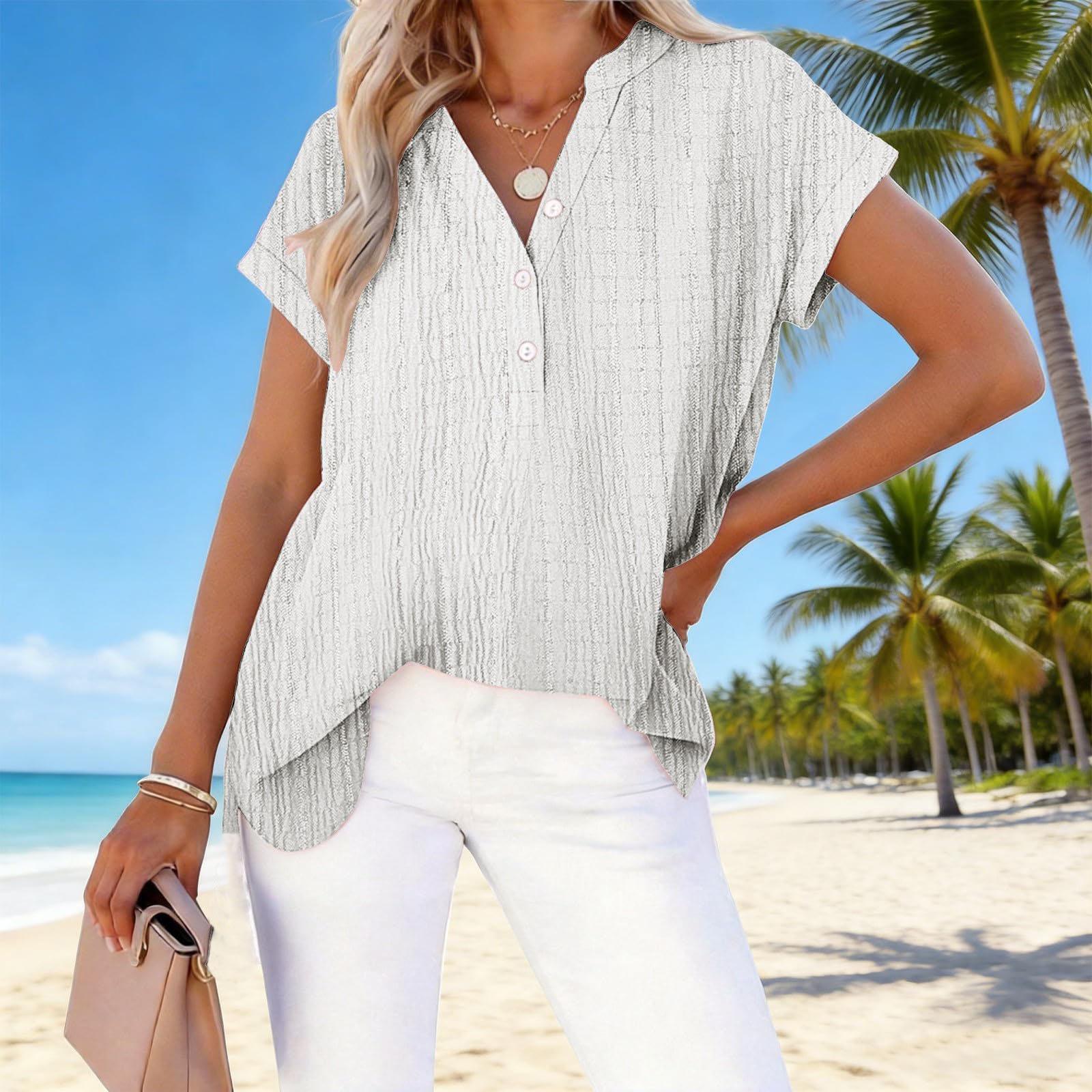 

Women s Fashion Solid Color Short Sleeve V Neck Loose Button Front Casual Office Workwear Tunic Top Blouse XXL