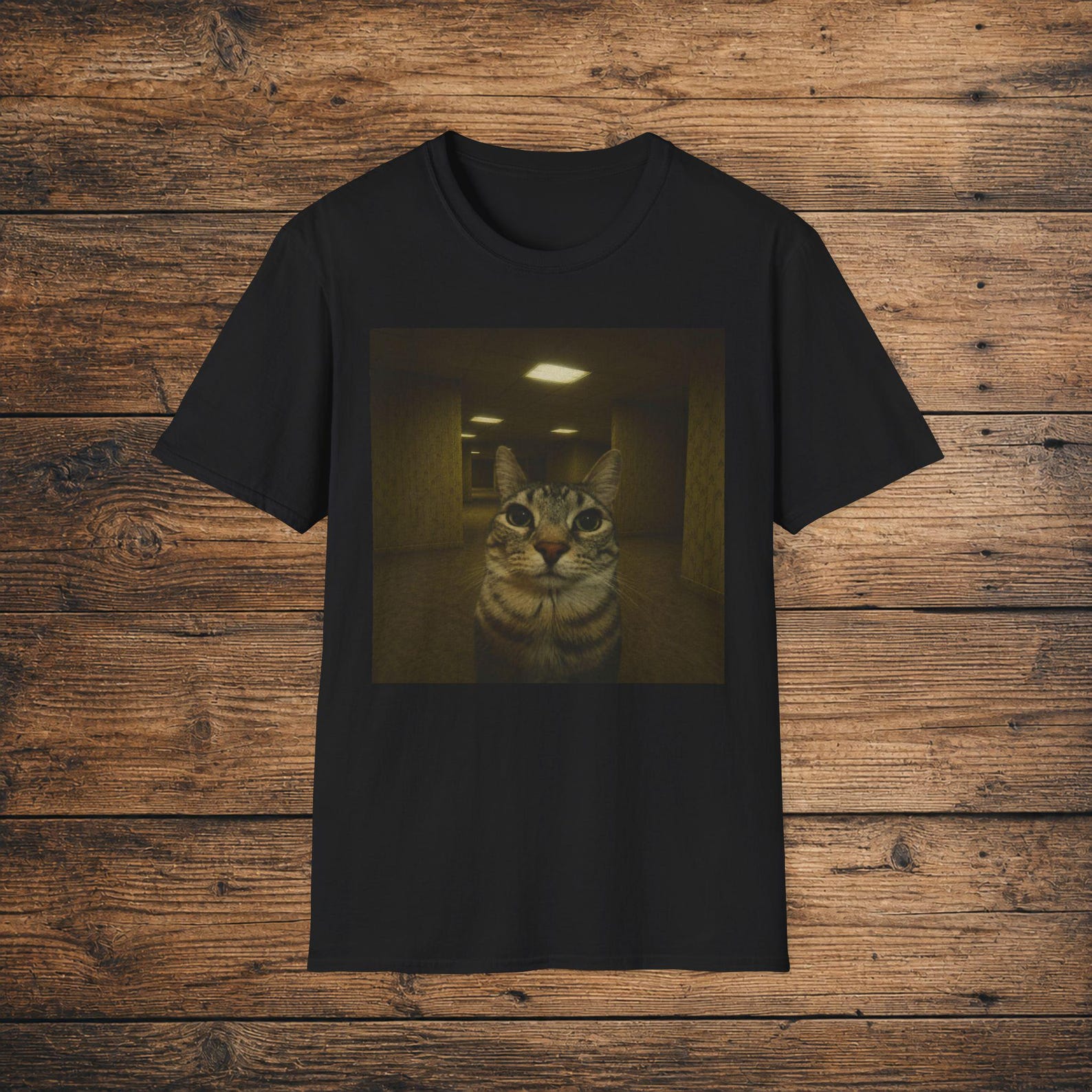 Backrooms Cat T-Shirt, Liminal Space Graphic Tee, Weirdcore Cat Apparel M