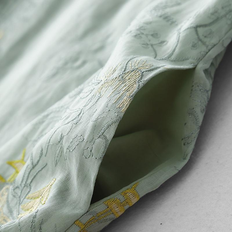 Medium embroidery cotton and linen dress women's 2025 summer new retro V-neck buckle short-sleeved skirt