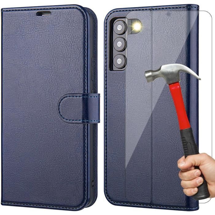 Coque de Protection - BOOLING - pour Samsung Galaxy S22 Ultra - 2 Verres Trempés - Coque Semi-Rigide - Bleu Marine