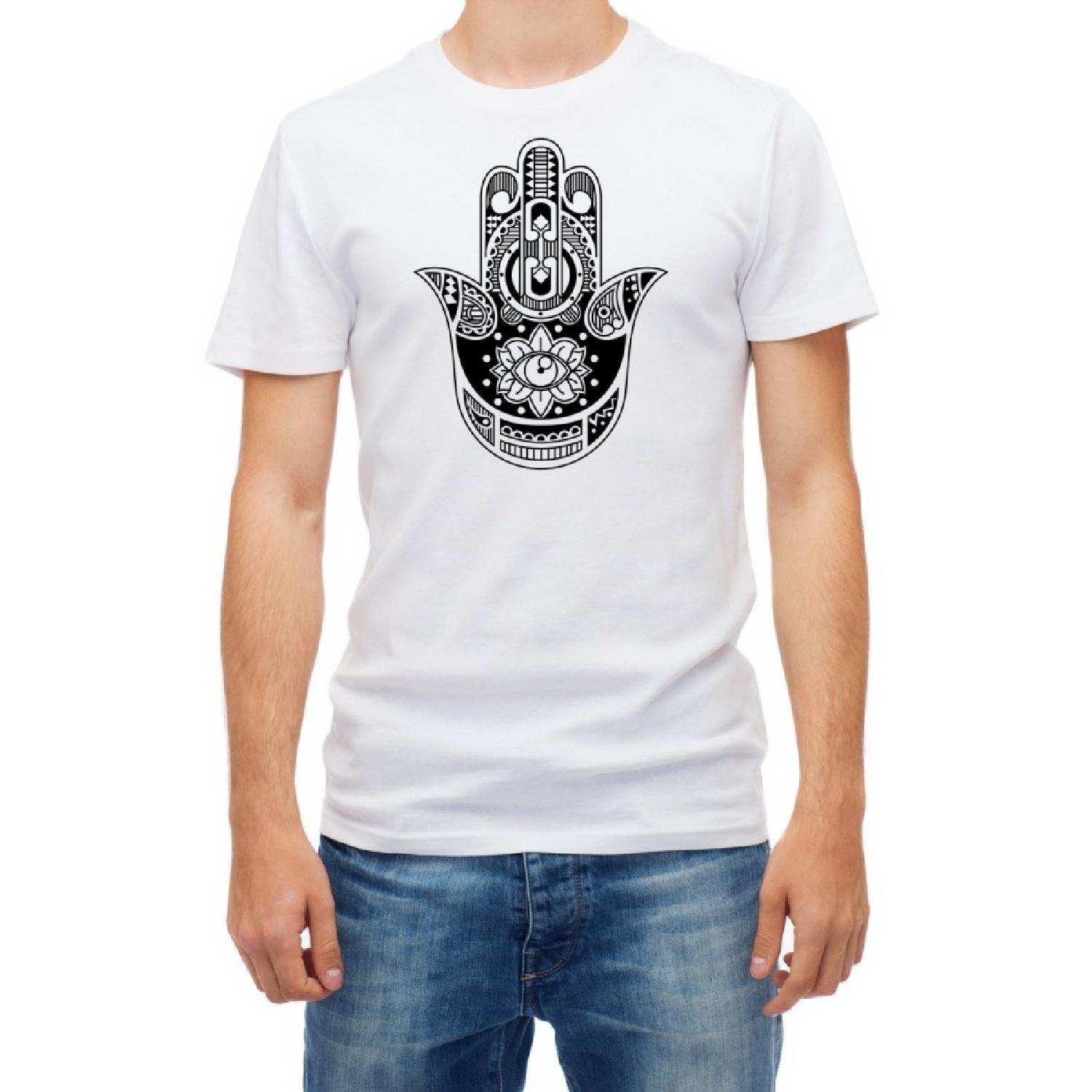

Hams and Khamsa hand Yoga Love Peace Symbol men s TShirt Short Sleeve Cotton Crew Neck (M) XXXXXL білий