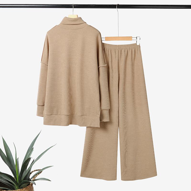 ZANZEA Damen Langarm Rollkragen Bluse und Hose Herbstpullover Zweiteilige Anzugsets