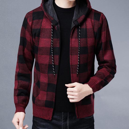 Men Jacket Plaid Pattern Breathable Polyester Sweater Hoodie for Winter
