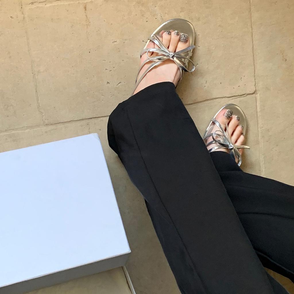 Sheepskin version, genuine leather silver with skirt, thick heel bow one-word slippers, women's summer wear high-heeled cool slippers