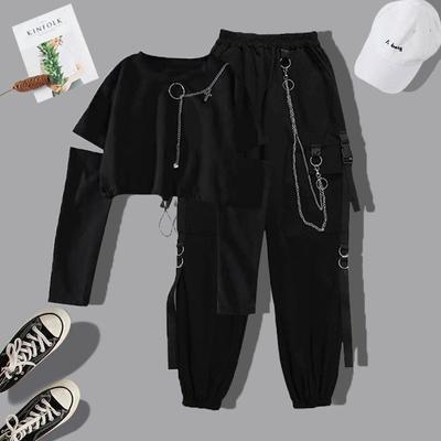 Spring Autumn Women Harajuku Cargo Pants Handsome Cool Two-piece Suit Chain Long Sleeve+Ribbon Pants