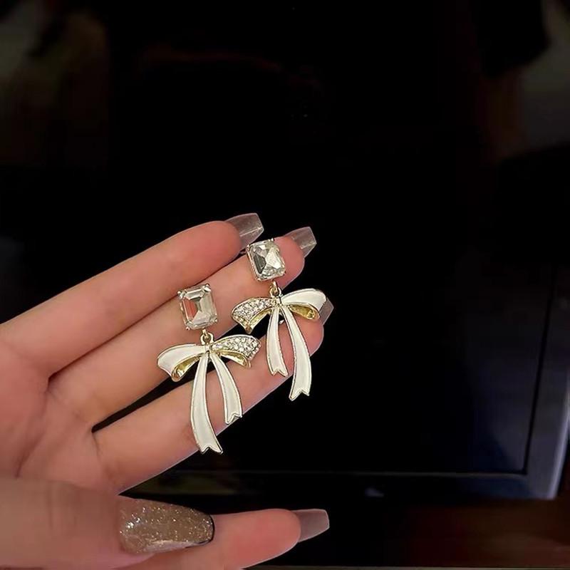 S925 Silver Needle Rhinestone Bow Earrings for Women - Elegant Korean Style Studs