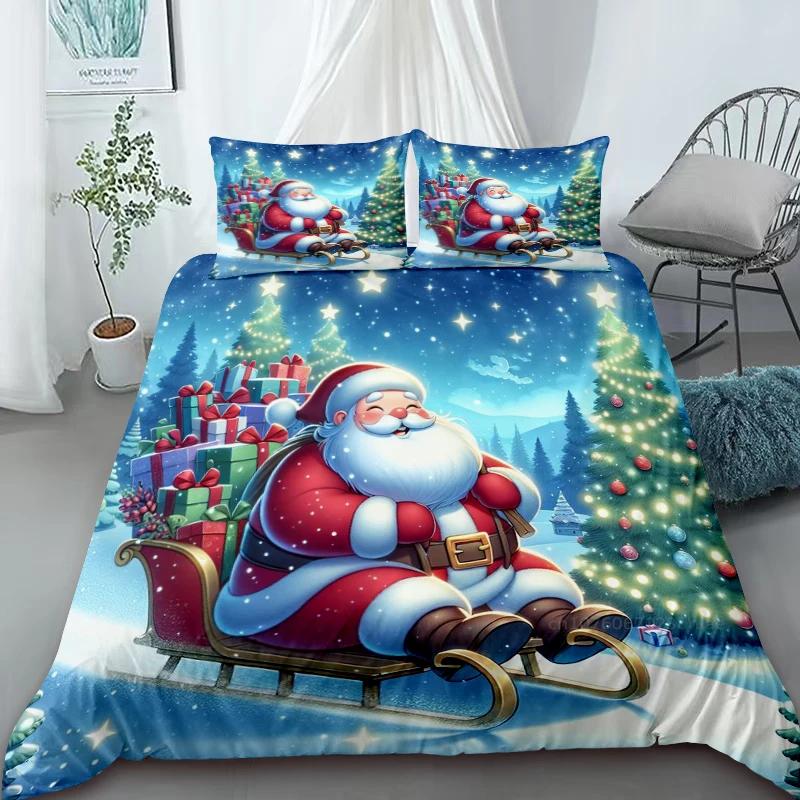 Cartoon Santa Claus Duvet Cover Elk Christmas Bedding Set With Zipper 1 Duvet Cover 2 Pillow Case Queen King Bedroom Decor