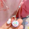 Sweet Rabbit Opening Closing Heart Locket Necklace Charm Colorful Beaded Chain Necklace Sweet Collarbone Chain Accessory