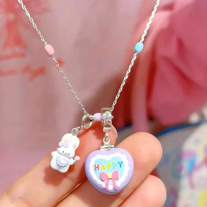 Sweet Rabbit Opening Closing Heart Locket Necklace Charm Colorful Beaded Chain Necklace Sweet Collarbone Chain Accessory
