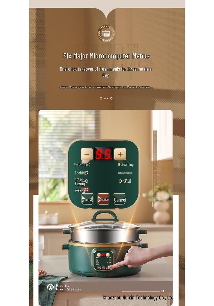 Multi-Function Electric Hot Pot with Timer - Three-Layer Steamer & Cooker, Large Capacity, Automatic Power-Off.
