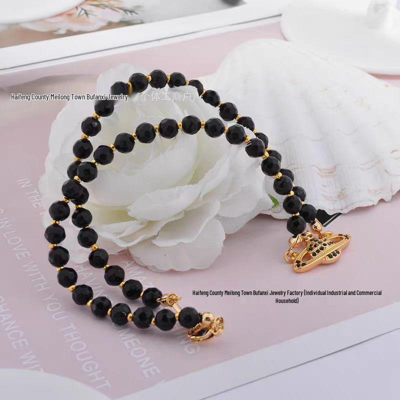 Empress Dowager Saturn Necklace: Punk Black Agate & Diamond Layered Choker for Women