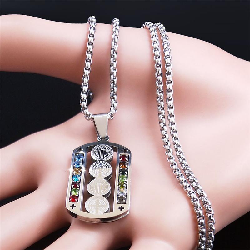 Stainless Steel Mix Color Crystal Saint Benedict Pendant Necklace Color Christian Necklaces Jewelry San Benito N6571SR