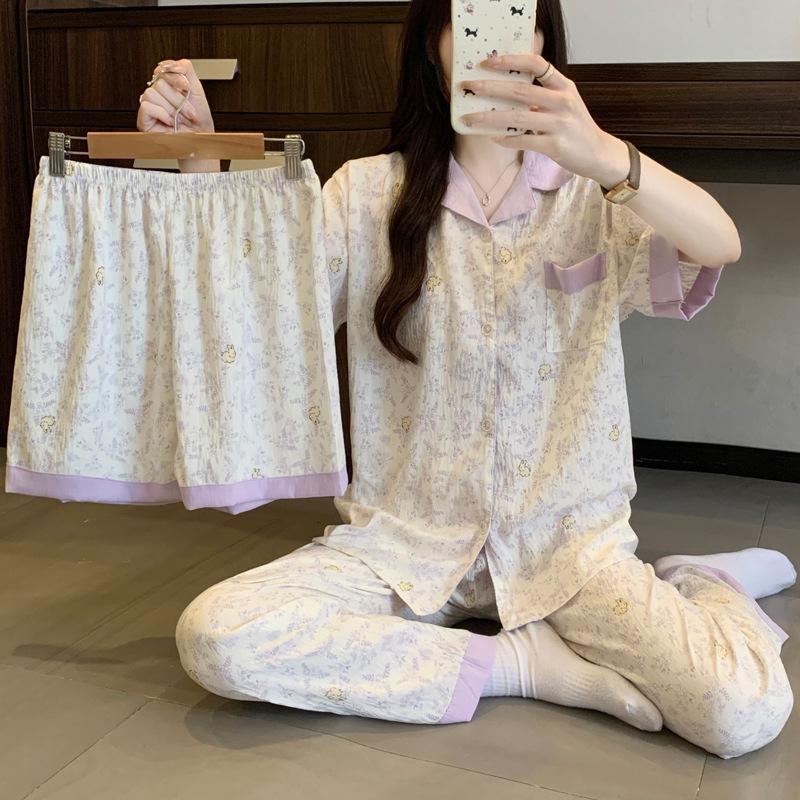 Pastoral Dream Purple Floral Pajamas Women'S Summer Short-Sleeved Cardigan Cute Rabbit Three-Piece Loungewear