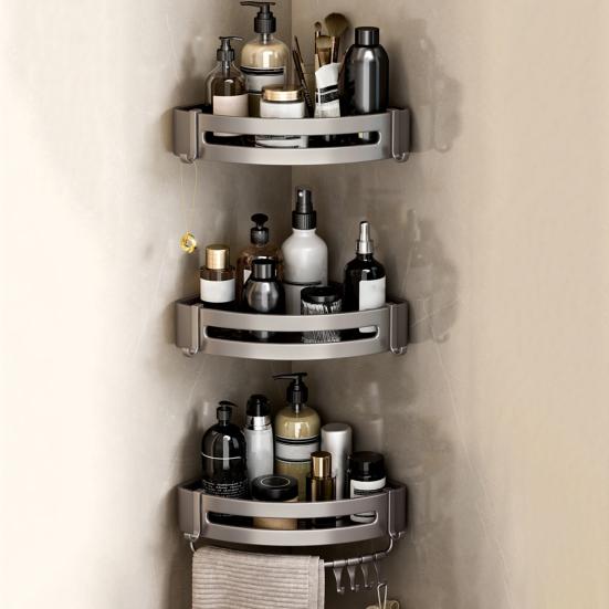 Storage Rack Aluminum Alloy Metal Body Corrosion-Resistant Corner Shelf Wall-Mounted Triangular Design Kitchen Bathroom Shelf