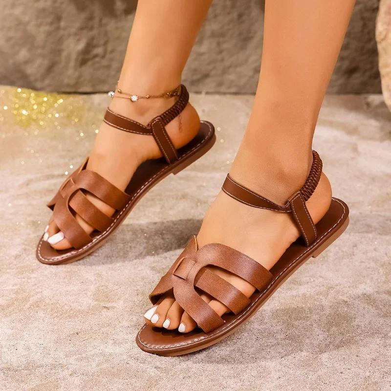 Ladies Shoes On Offer 2025 Open Toe Beach Casual Women's Sandals Summer Fashion Women Elastic Band Plus Size Flat Sandals Female
